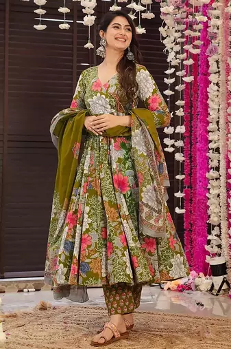 Green digital printed maslin anarkali palazzo style