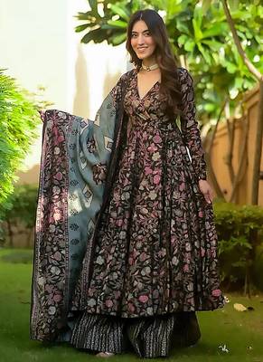 Black digital printed maslin anarkali palazzo style 1
