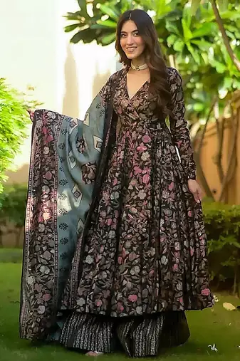 Black digital printed maslin anarkali palazzo style