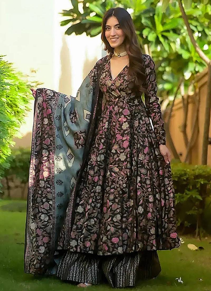 Black digital printed maslin anarkali palazzo style