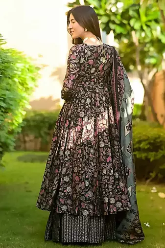 Black digital printed maslin anarkali palazzo style