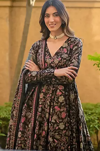 Black digital printed maslin anarkali palazzo style