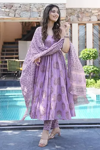 Lavender digital printed maslin anarkali palazzo style