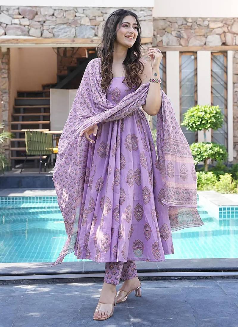Lavender digital printed maslin anarkali palazzo style