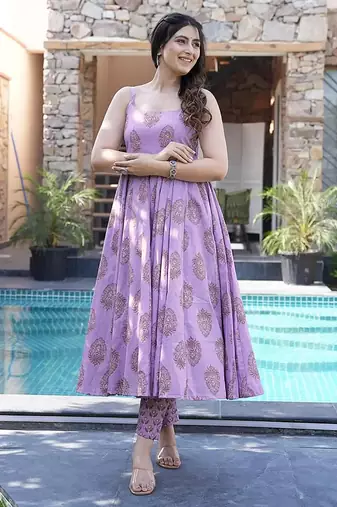 Lavender digital printed maslin anarkali palazzo style