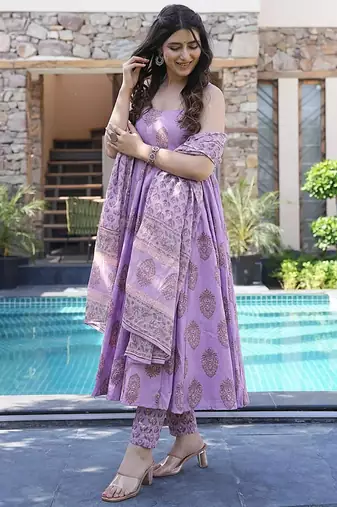 Lavender digital printed maslin anarkali palazzo style