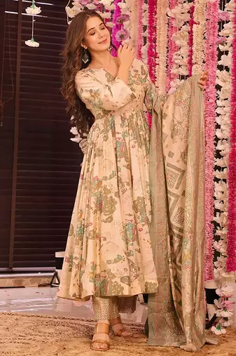 Peach digital printed maslin anarkali palazzo style