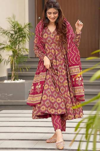 Burgundy digital printed maslin anarkali palazzo style