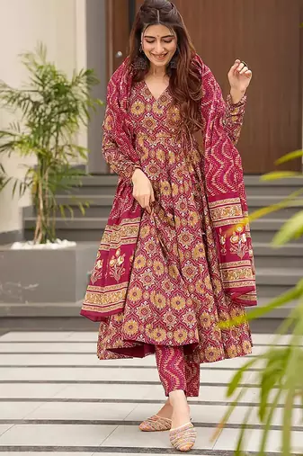 Burgundy digital printed maslin anarkali palazzo style