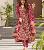 Burgundy digital printed maslin anarkali palazzo style