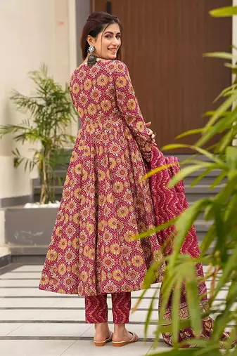 Burgundy digital printed maslin anarkali palazzo style