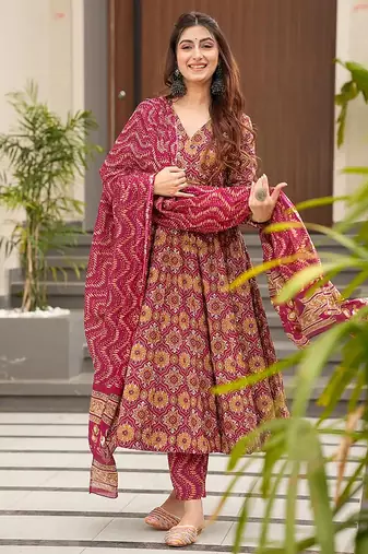 Burgundy digital printed maslin anarkali palazzo style