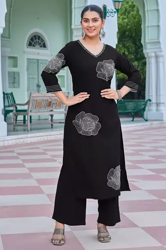 Floral Embroidered V-Neck Thread Work Straight Kurta With Palazzo