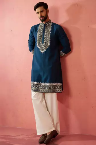 Turquoise Green Modal Chanderi Kurta - Wedding Embroidered Ethnic Wear
