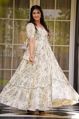 Cream heavy digital printed rayon gown style