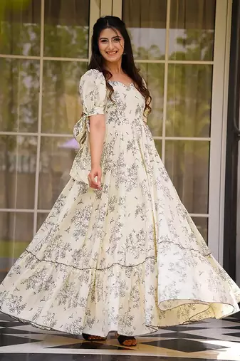 Cream heavy digital printed rayon gown style