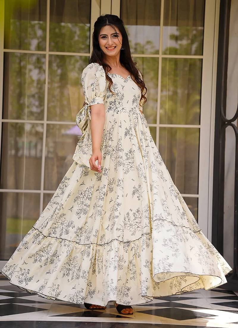 Cream heavy digital printed rayon gown style
