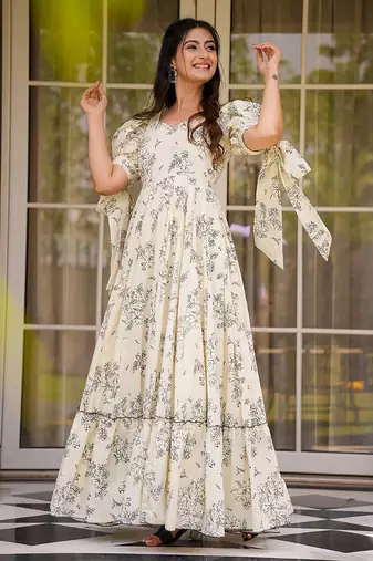 Cream heavy digital printed rayon gown style