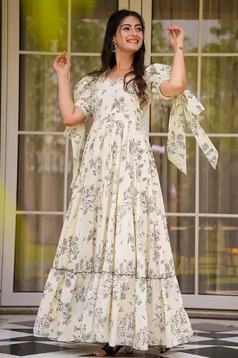 Cream heavy digital printed rayon gown style