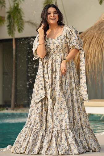Cream heavy digital printed rayon gown style