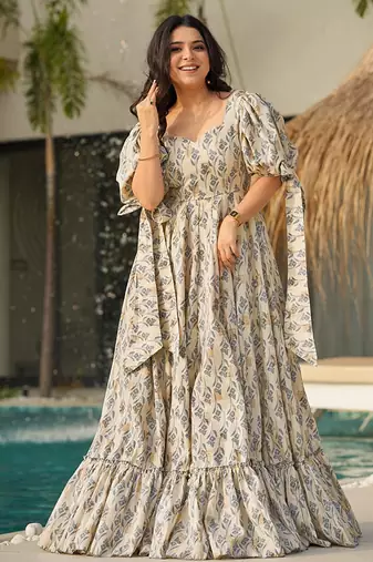 Cream heavy digital printed rayon gown style