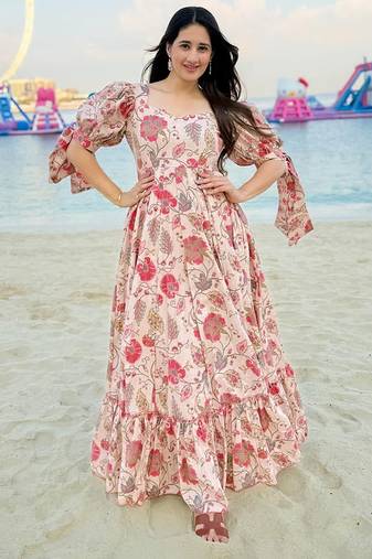 Peach heavy digital printed rayon gown style