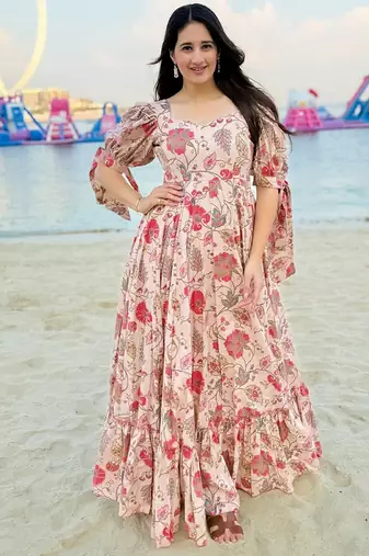 Peach heavy digital printed rayon gown style