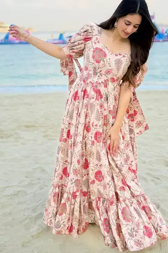 Peach heavy digital printed rayon gown style