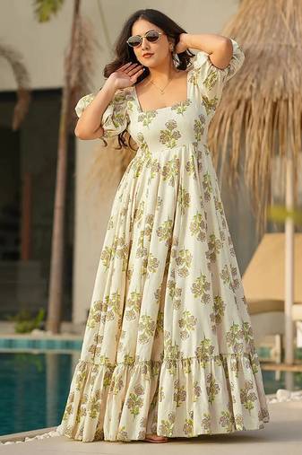 Off white heavy digital printed rayon gown style