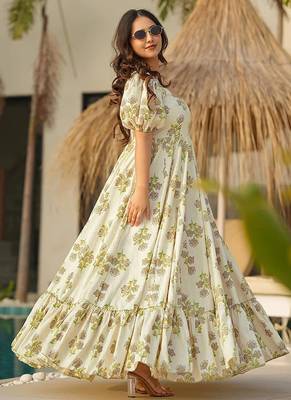 Off white heavy digital printed rayon gown style 3