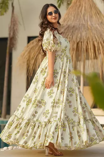 Off white heavy digital printed rayon gown style