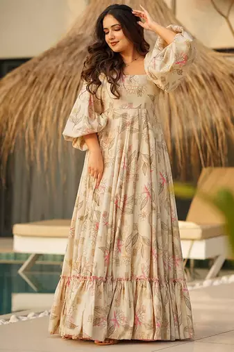 Beige heavy digital printed rayon gown style