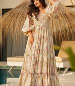 Beige heavy digital printed rayon gown style