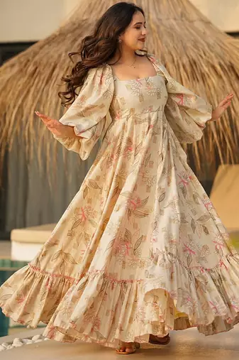 Beige heavy digital printed rayon gown style