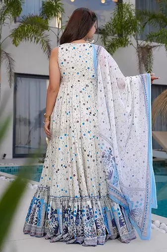 White heavy digital printed rayon gown style
