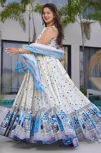 White heavy digital printed rayon gown style