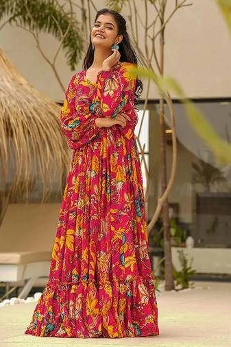 Megenta heavy digital printed heavy airtex chinon gown style