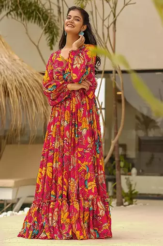 Megenta heavy digital printed heavy airtex chinon gown style