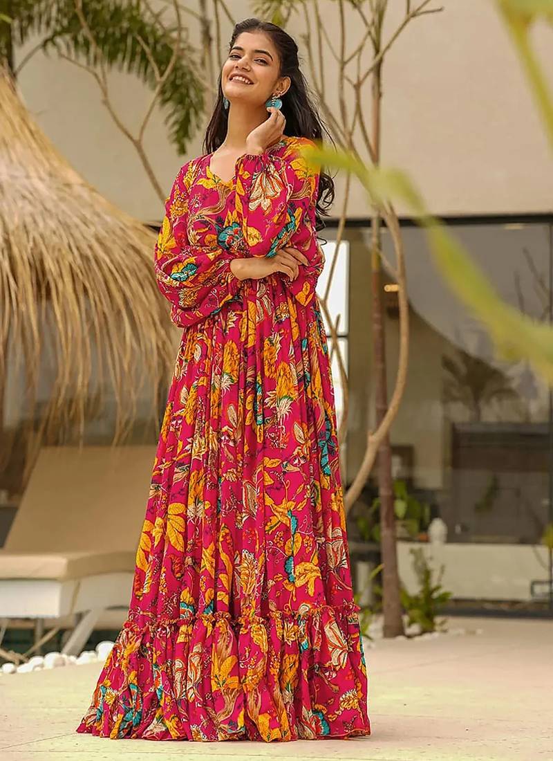 Megenta heavy digital printed heavy airtex chinon gown style