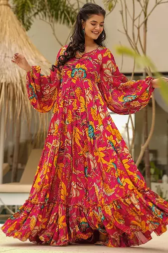 Megenta heavy digital printed heavy airtex chinon gown style