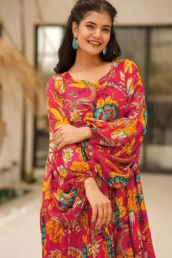 Megenta heavy digital printed heavy airtex chinon gown style
