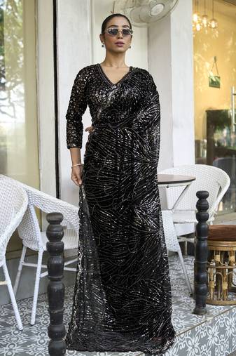 Black embroidered net saree