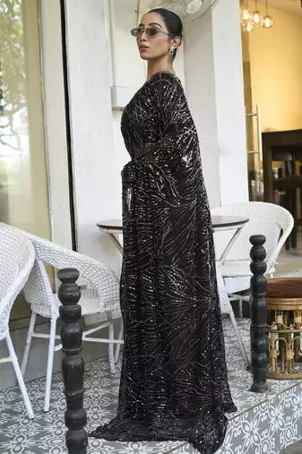 Black embroidered net saree
