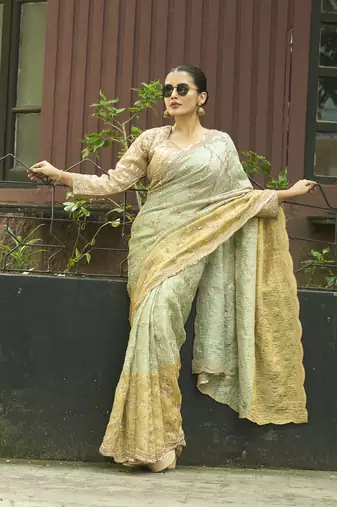 Green embroidered banarasi saree