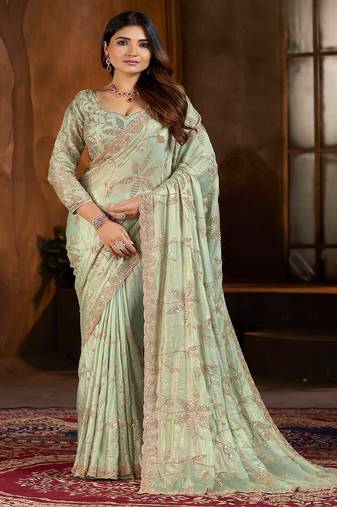 Green embroidered georgette saree