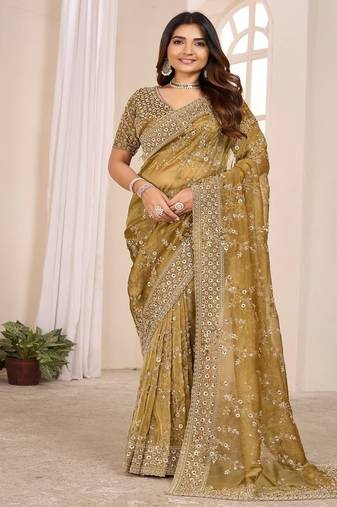 Gold embroidered georgette saree