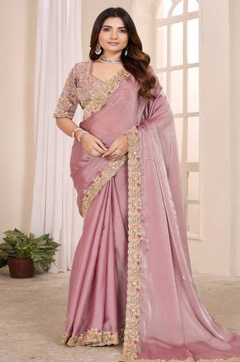Pink embroidered georgette saree