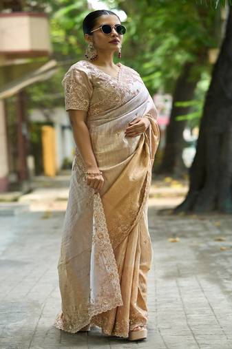 Pink embroidered banarasi saree