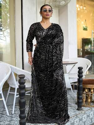 Black embroidered net saree 3