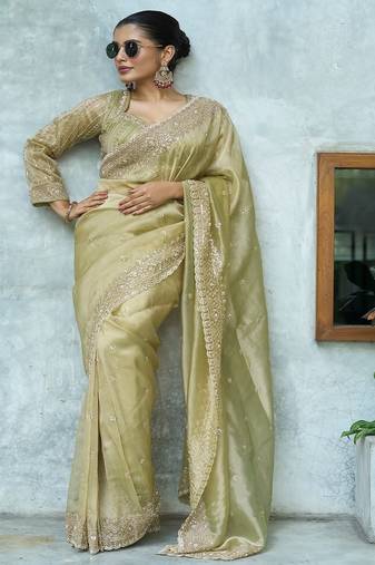 Pista embroidered banarasi silk saree
